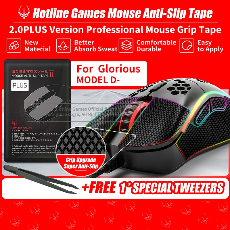 Hotline Games 2.0Plus Mouse Anti-Slip Grip Tape for Glorious MODEL D-(Minus) Grip Upgrade,Moisture Wicking,Pre Cut,Easy to Apply