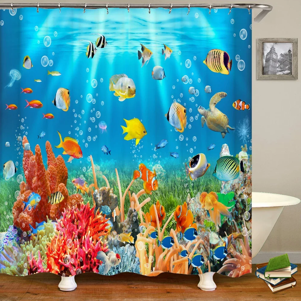 Underwater World Fish Turtle 3d Shower Curtains Ocean Dolphin Sea Scenery Fabric Waterproof Bathroom Decor Screen shower curtains