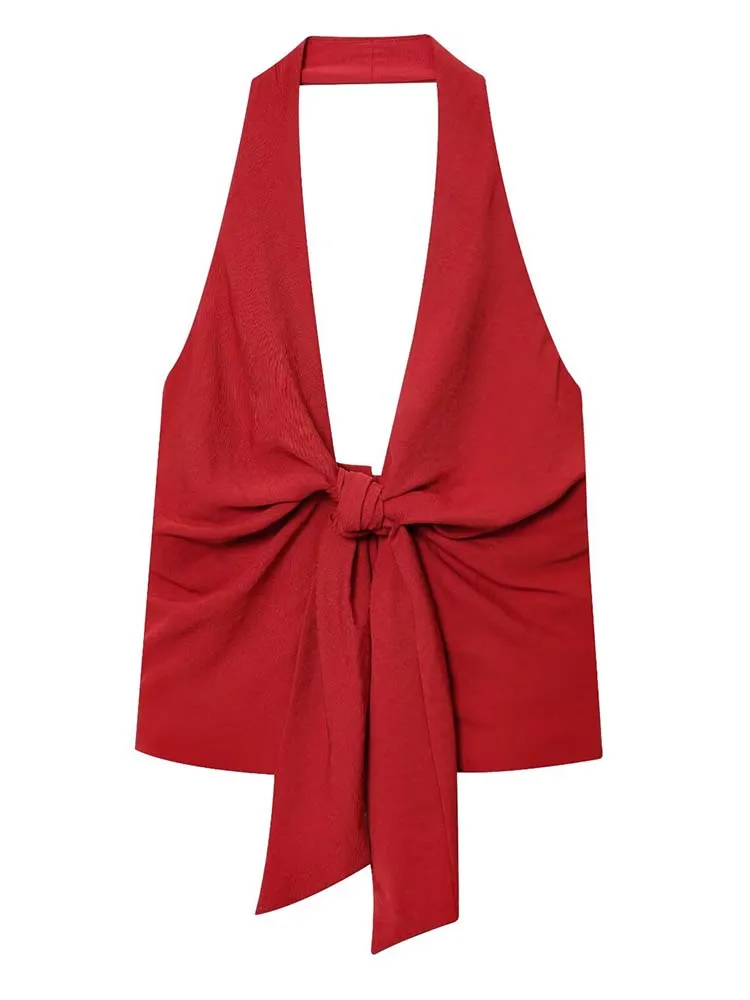 2025 New  Women Pants Fashiontwo-piece set Women Sexy Bow Decoration Halter Top+ wide-leg Pants 2 Pieces Sets Elegant Women Suit