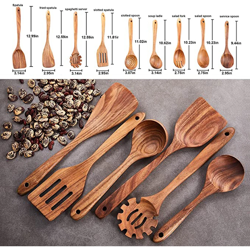 Elegant Teak Wooden Kitchen Utensils - Natural Cooking Spoon Set (1-9 Pieces)