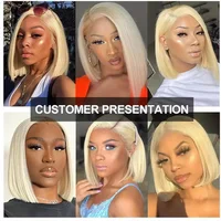613 droite 13x4 dentelle avant cheveux humains Bob perruque pré plumé bébé cheveux 613 Blonde courte Bob perruque Remy cheveux humains pour les femmes 4