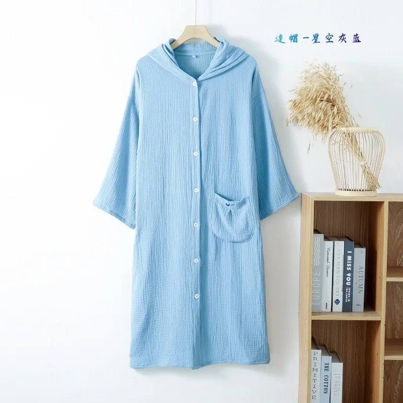 Cotton Double Layered Loose Cardigan Button Up Hooded Long Sleeved Bathrobe Nightgown with Pocket Couples Home Pajamas Clothes
