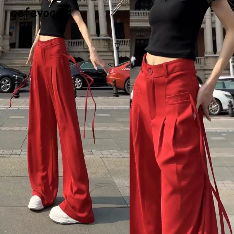 2023 Women Korean Ribbon Casual Streetwear Harajuku Y2K Wide Leg Suit Pants Female Solid Straight Trousers High Waist Pantalones