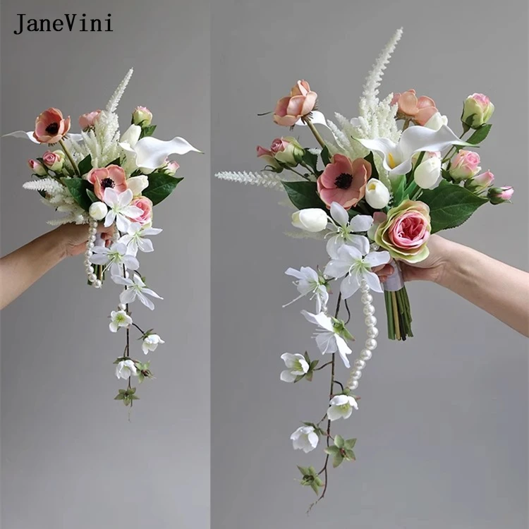 JaneVini 2024 Charming Purple White Tulip European Bridal Hand Bouquets Artificial Silk Roses Bridesmaid Bride Wedding Bouquet