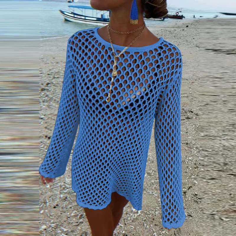 Seaside Hollow Out One Piece Vacation Covers Summer Solid knitted Fish Mesh Pullover Tops Long Sleeve White Full Dresses swimsuit cover up swimsuit coverup fishnet cover up