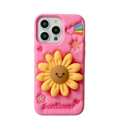 Cute Sunflower 3D Floral Shockproof Telescopic Bracket Phone Case with Stand Holder - iPhone 15 (Rose)