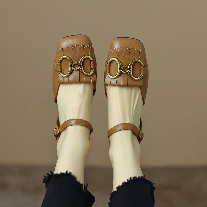 

Genuine Cow Leather Muller Slippers For Women's Shoes 2023 Summer Mid Heels Chain Mueller Shoes Sandals For Women Ladies