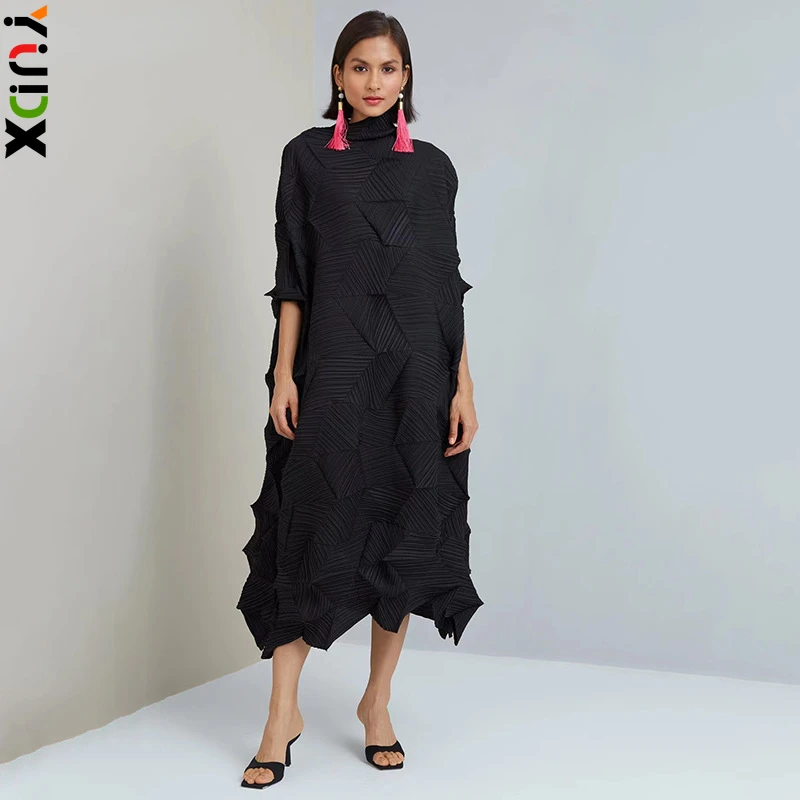 2024 Miyake Wrinkle Original Design Handmade Diamond Wrinkle Fashion Elegant Loose Mid Length Party Dress Spring Best Seller