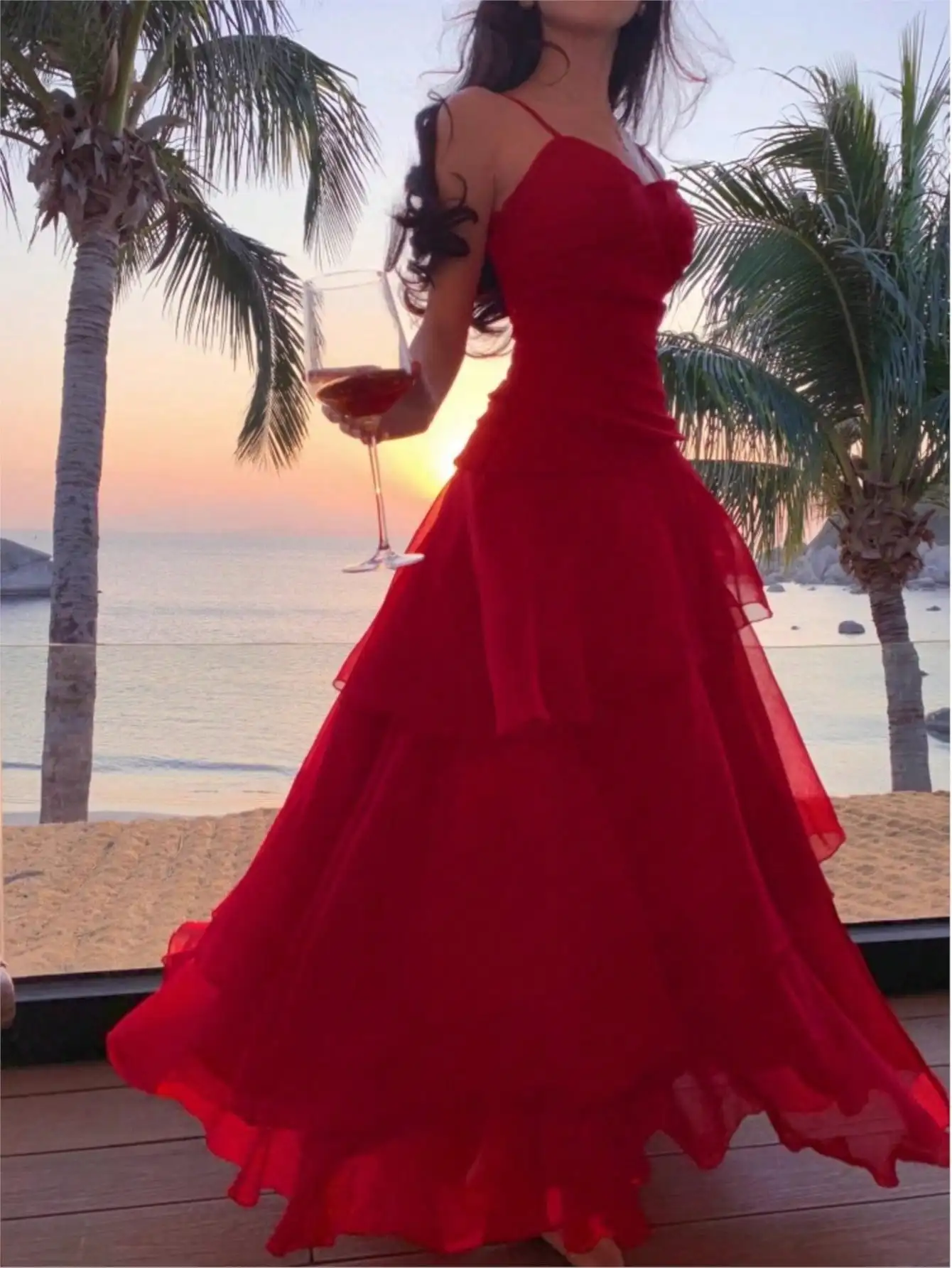 فستان صيفي نحيف مكشكش أحمر غير متماثل للنساء مثير...