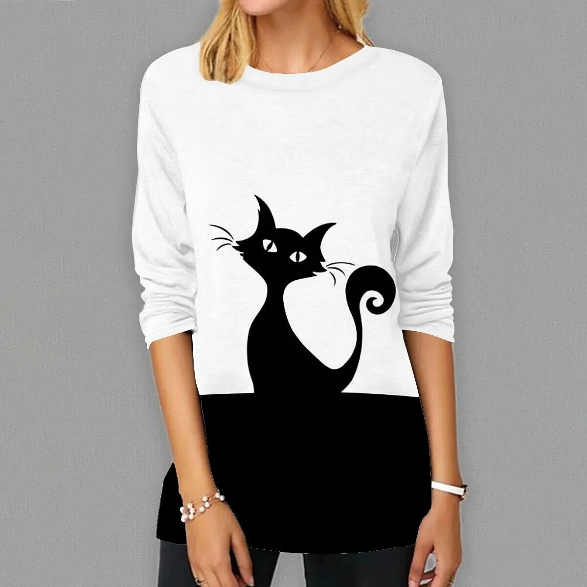 

Autumn Women Long Sleeve T-shirts Top Leisure Soft Printed Cat Retro Tops O-neck Simple Blouse