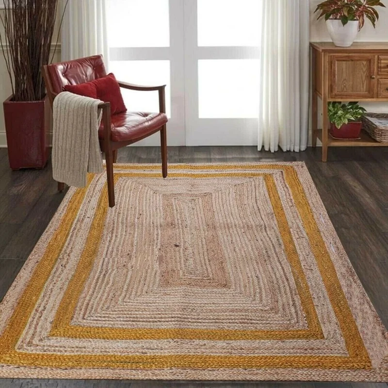 

Rug Carpet Jute Handmade Yellow Line Natural Rustic Look Style Reversible Bedroom Carpet Rugs Living Room Home Decor