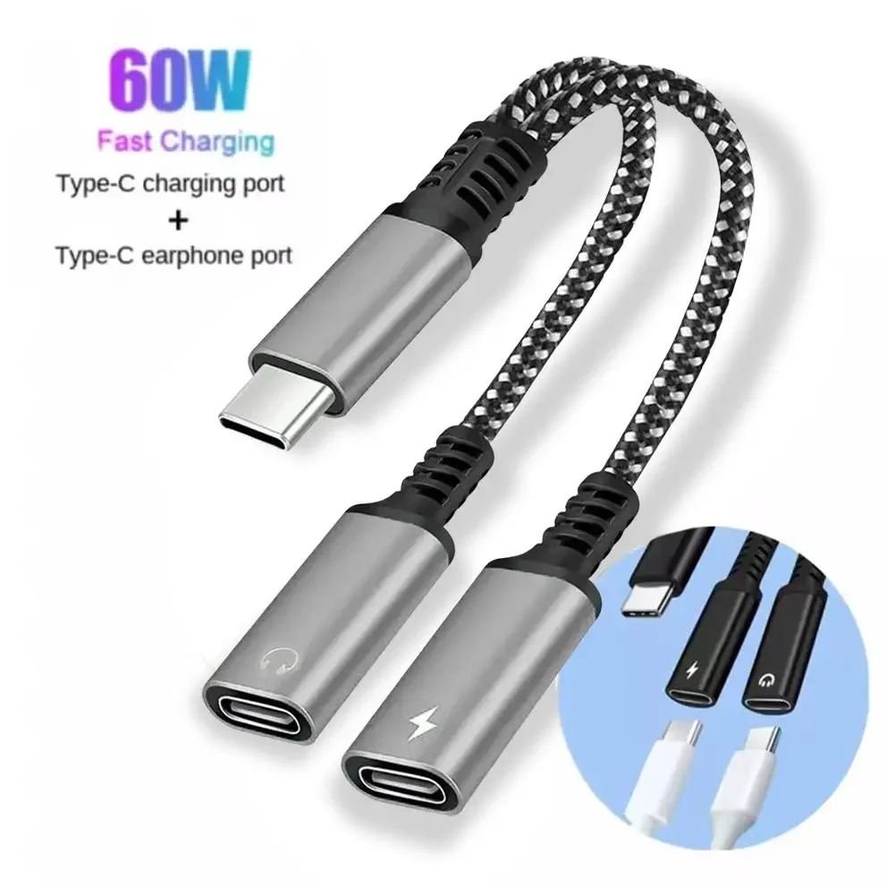 30w Type C Splitter To Dual Type USB C Headphone Jack Audio Adapter Fast Charging Connector For Samsung IPhone 2 In 1 K7N8 usb to type c adapter type c adapter audio headphone adapter type c to 3.5mm adapter type c aux adapter type c to aux adapter 3.5mm audio adapter