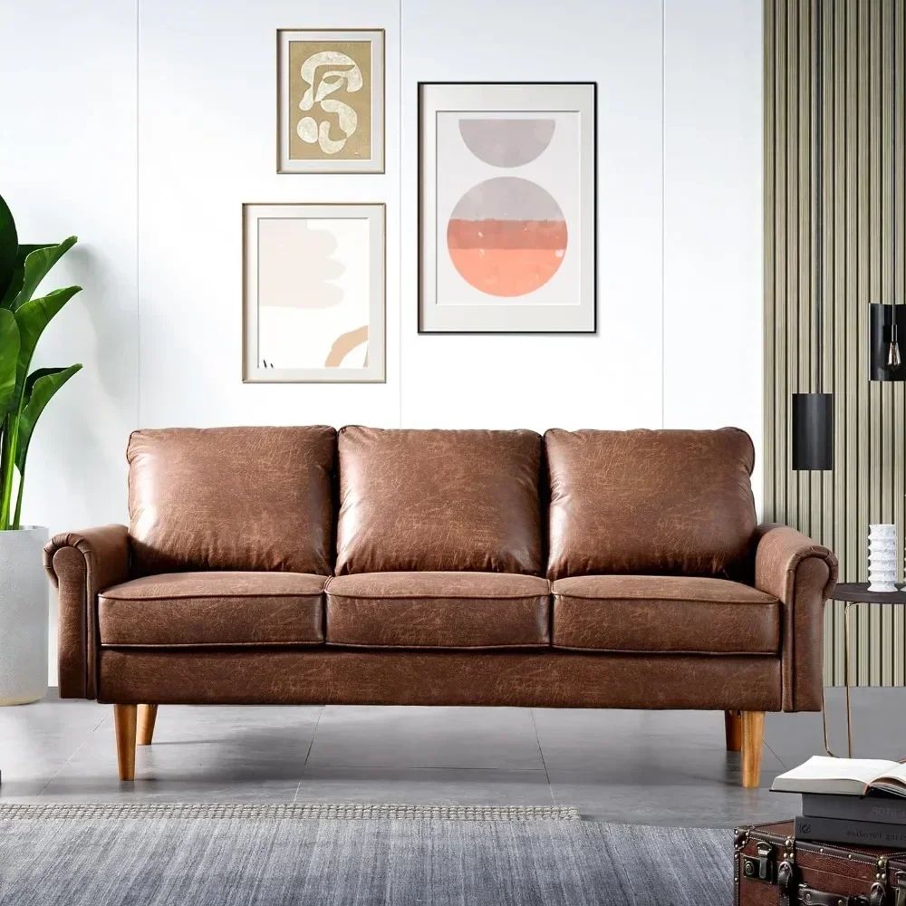 3-Seater Suede Leather Sofa w/ Comfy Cushion,Mid-Century Modern Couch for Living Room,Apartment & Small Space, 73.6, Dark Brown