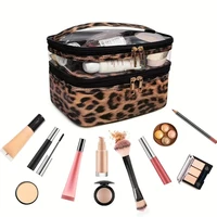 Leopard print PVC Transparent Double-Layer Makeup Bag Large Capacity Waterproof Toiletry Bag Portable Cosmetic Storage Bag 2