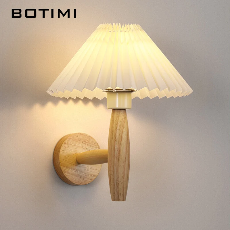 BOTIMI Drop Shipping LED Wall Lamp With Fabric Lampshade For Bedside Hotel Wooden Wall Sconce E27 Bedroom Reading  Luminaire