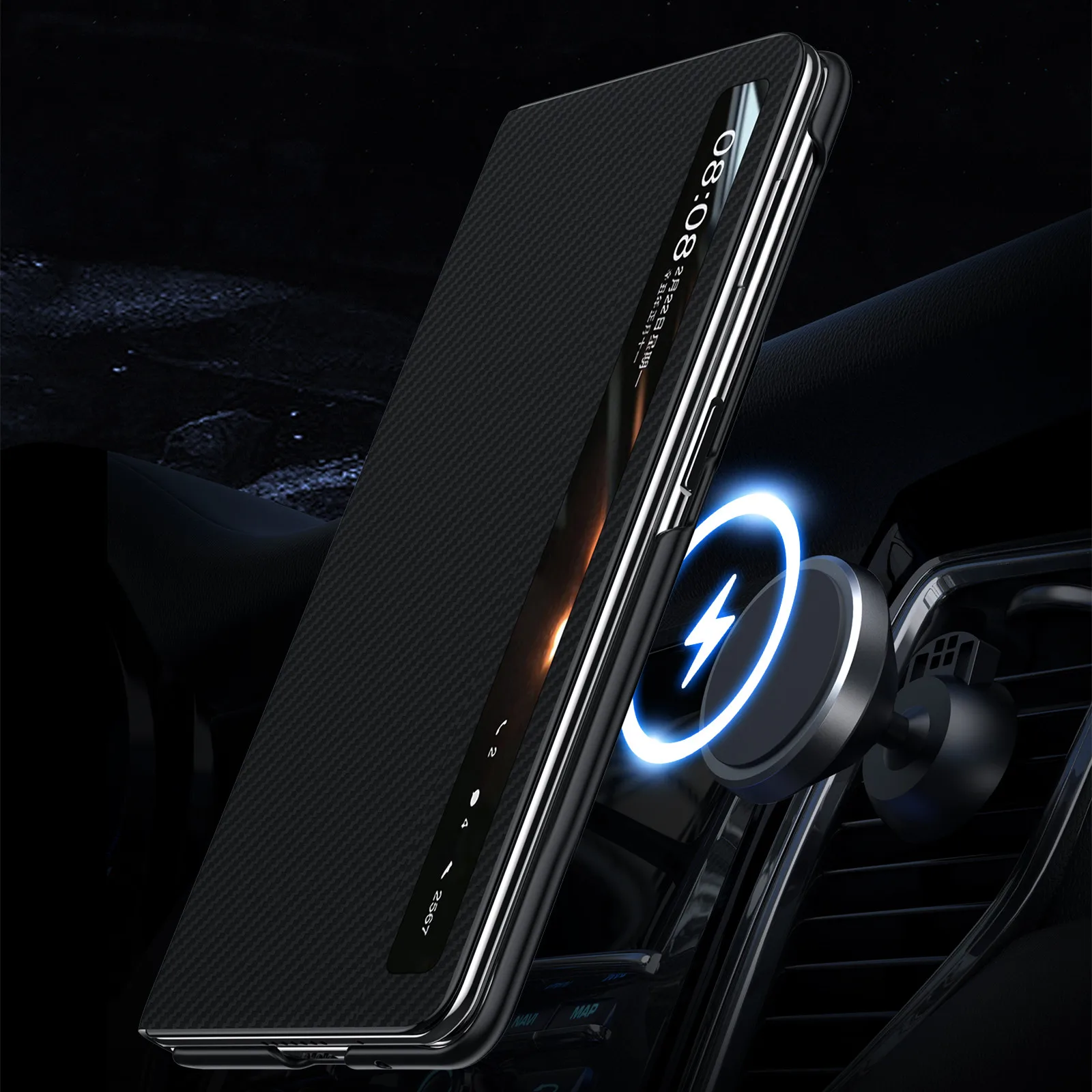 Sulada Premium Carbon Fiber Leather MagSafe Case with Card Slot and Magnetic Armor Flip Cover