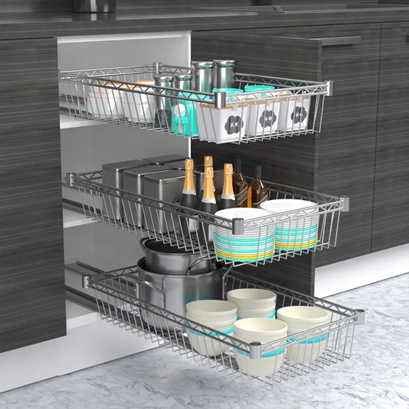 Inch Pull-Out Home Organizers, 2-Tier Wire Basket Pull Out Shelf Storage  Glidez Narrow Sliding Organizer for Kitchen Base Cabine - AliExpress