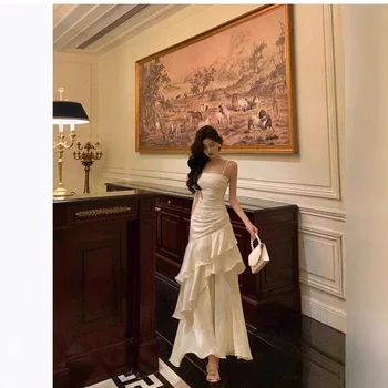 Elegante Abito da Sera Lungo a Coda di Pesce da Donna, Senza Maniche, con Spalline, Vita Stretta, Vestito Midi alla Moda a Trapezio