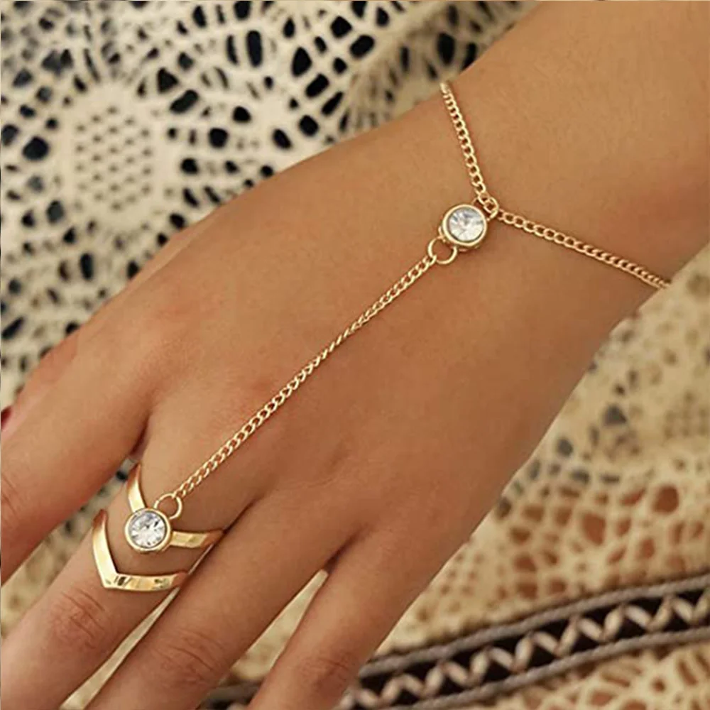 Punk Metal Finger Ring Link Bracelet Crystal Women Girls Summer Slave Conjoined Bracelet Hand Back Chain Jewelry bracelet jewelry