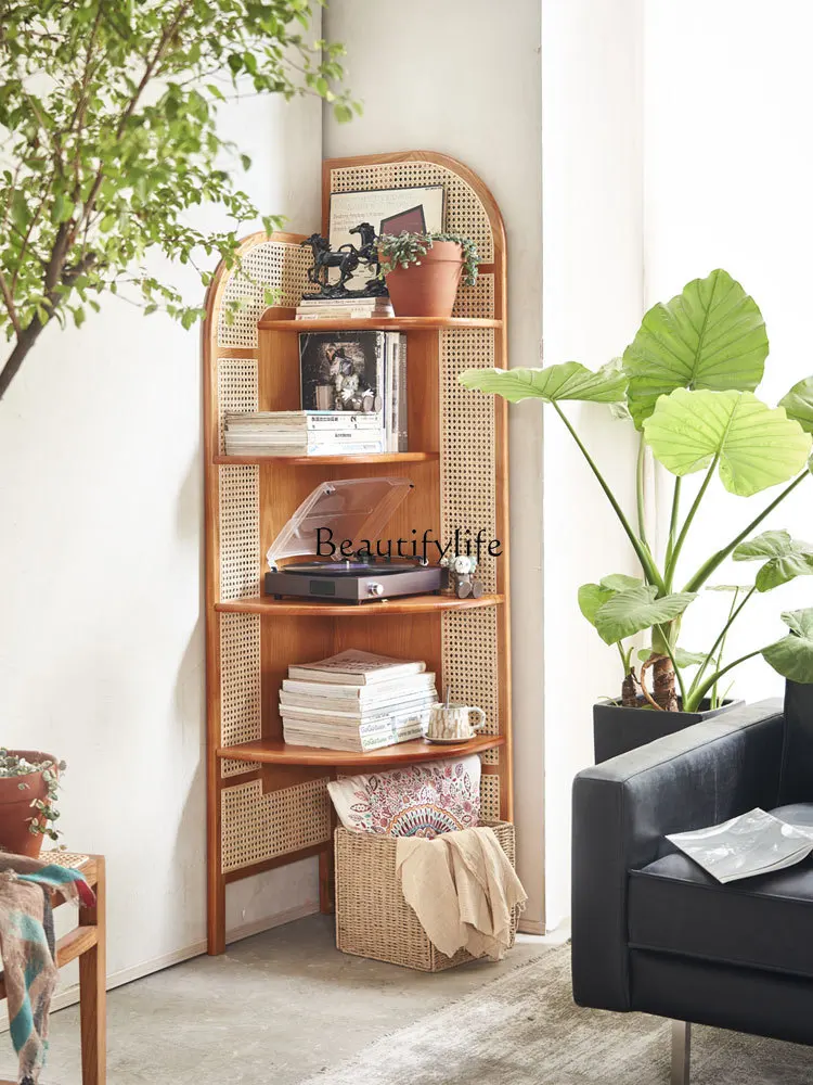 

Nordic Solid Wood Triangle Cabinet Small Apartment Home Movable Bookshelf Vintage Rattan Corner Cabinet