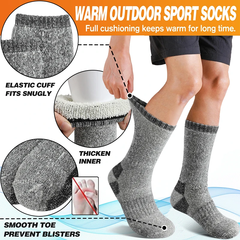 3Pairs Men's Fleece Lined Hiking Socks Winter Terry Thicken Warm