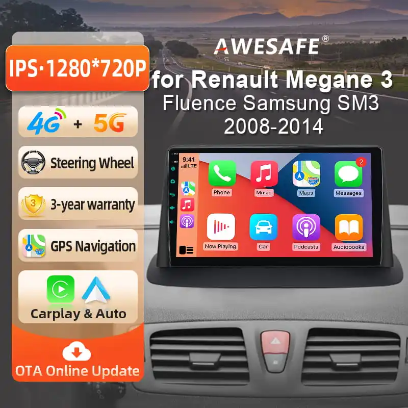 AWESAFE Radio Android de 9 pulgadas para Renault Megane 3 Fluence Samsung SM3 2008-2014, CarPlay inalámbrico y Android Auto, navegación GPS, soporte multimedia, control del volante, amplificador de subwoofer, cámara trasera con CAN-BUS EU Plug and Play DAB+ Autoradio digital 2 DIN 1