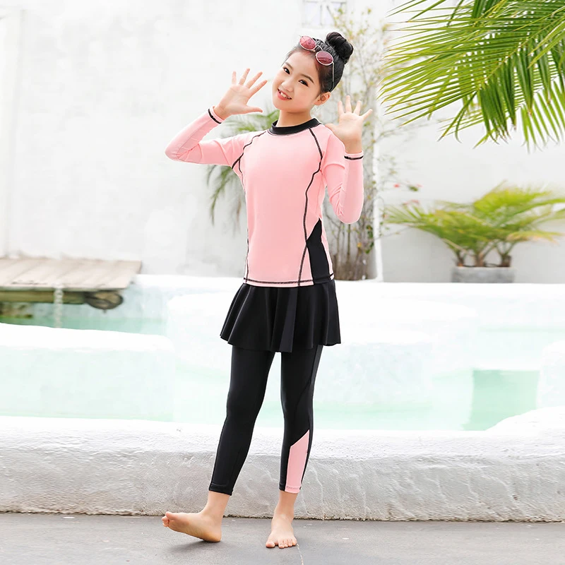 keepmore 3 Stks/set Moslim Bescheiden Badmode Meisjes Moslim Badpak Burkini Lange Mouw Arabische Volledige Cover Beachwear met Zwemcap, # 1, 150