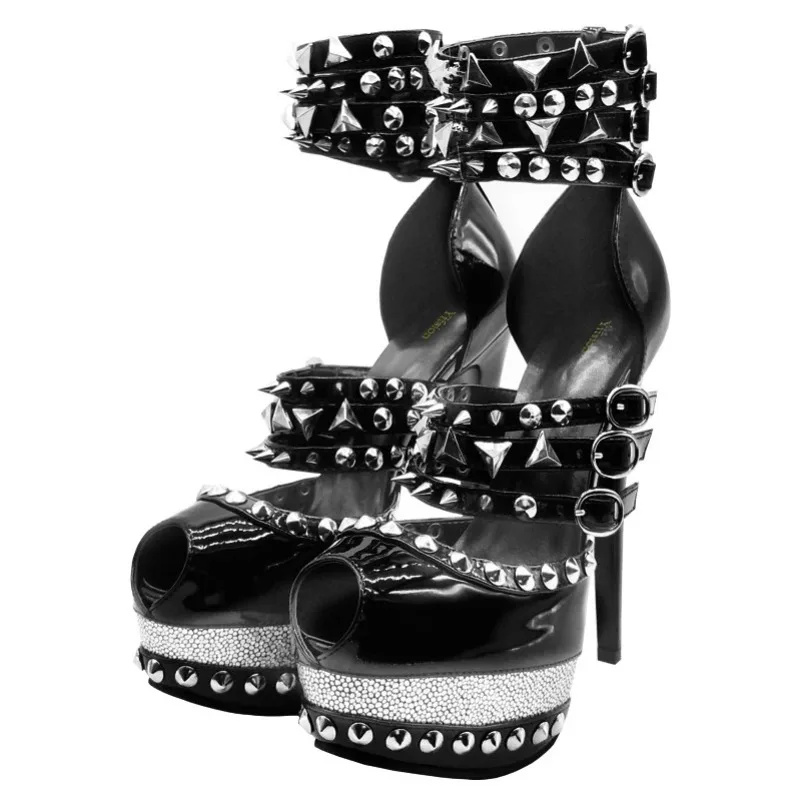 

2024 New Women Platform Sandals Sexy Rivets Stiletto High Heels Sandals Peep Toe Black Party Shoes Women US Plus Size 4-12