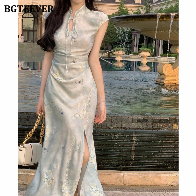 

BGTEEVER Vintage Stand Collar Lace-up Women Cheongsam Package Hip Dress Elegant Slim Waist Ladies Split Bodycon Floral Dress
