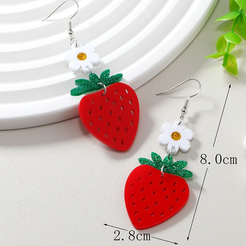 Acrylic board fruit super cute white flowers red strawberries summer personality exaggerated earrings