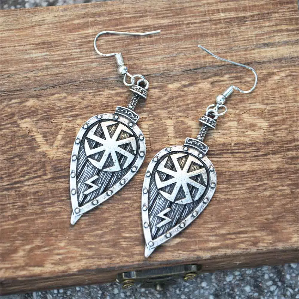 1 Paio Slavo Kolovrat Shield Sword Viking Rune Jewelry Sowulo Simboli Vintage Punk Orecchini Donna Uomo Amuleto Regali