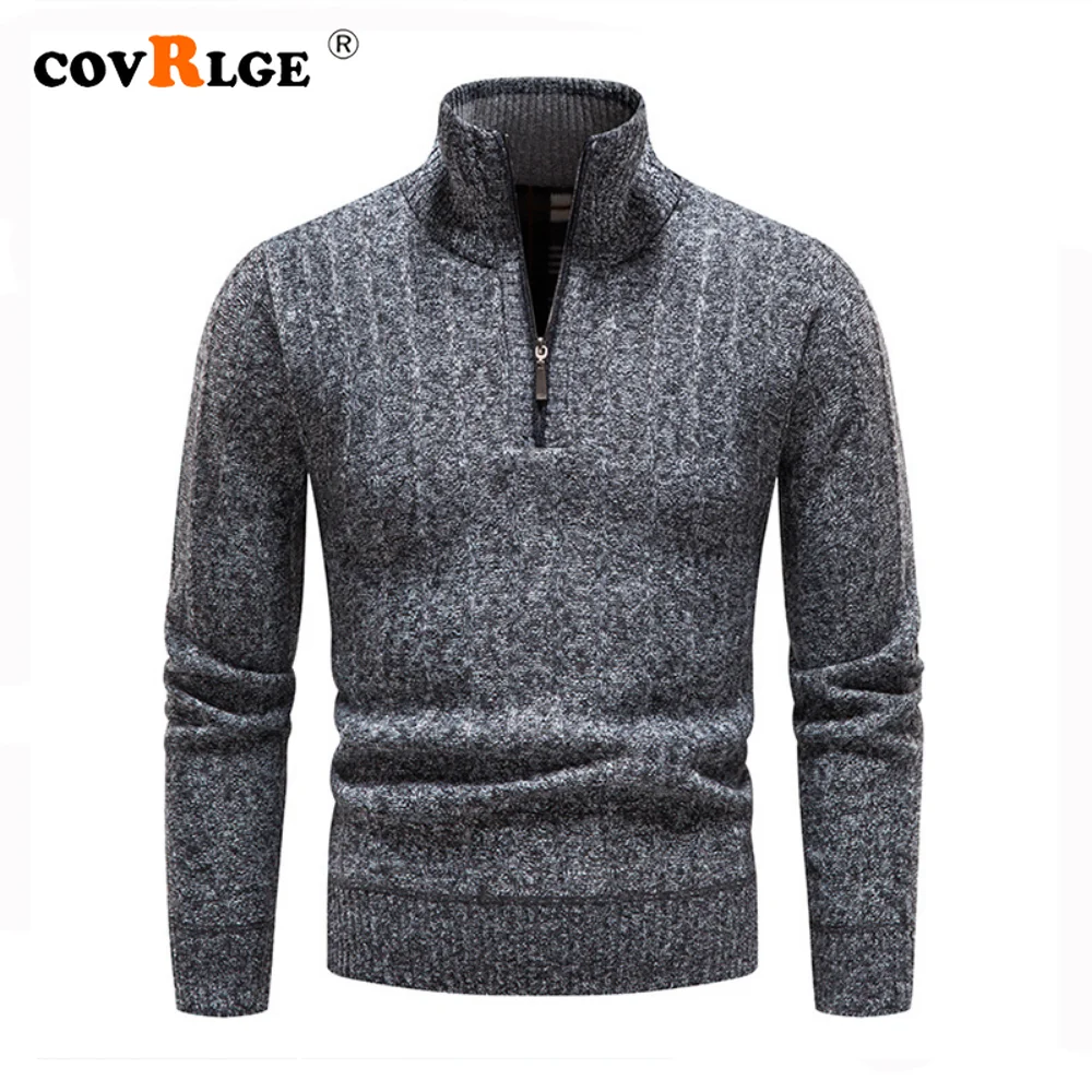 

Covrlge Autumn Winter Plush Thickened Pullover Men's Vertical Collar Knitted Sweater Solid Color Semi-zipper Male Coat MZM242