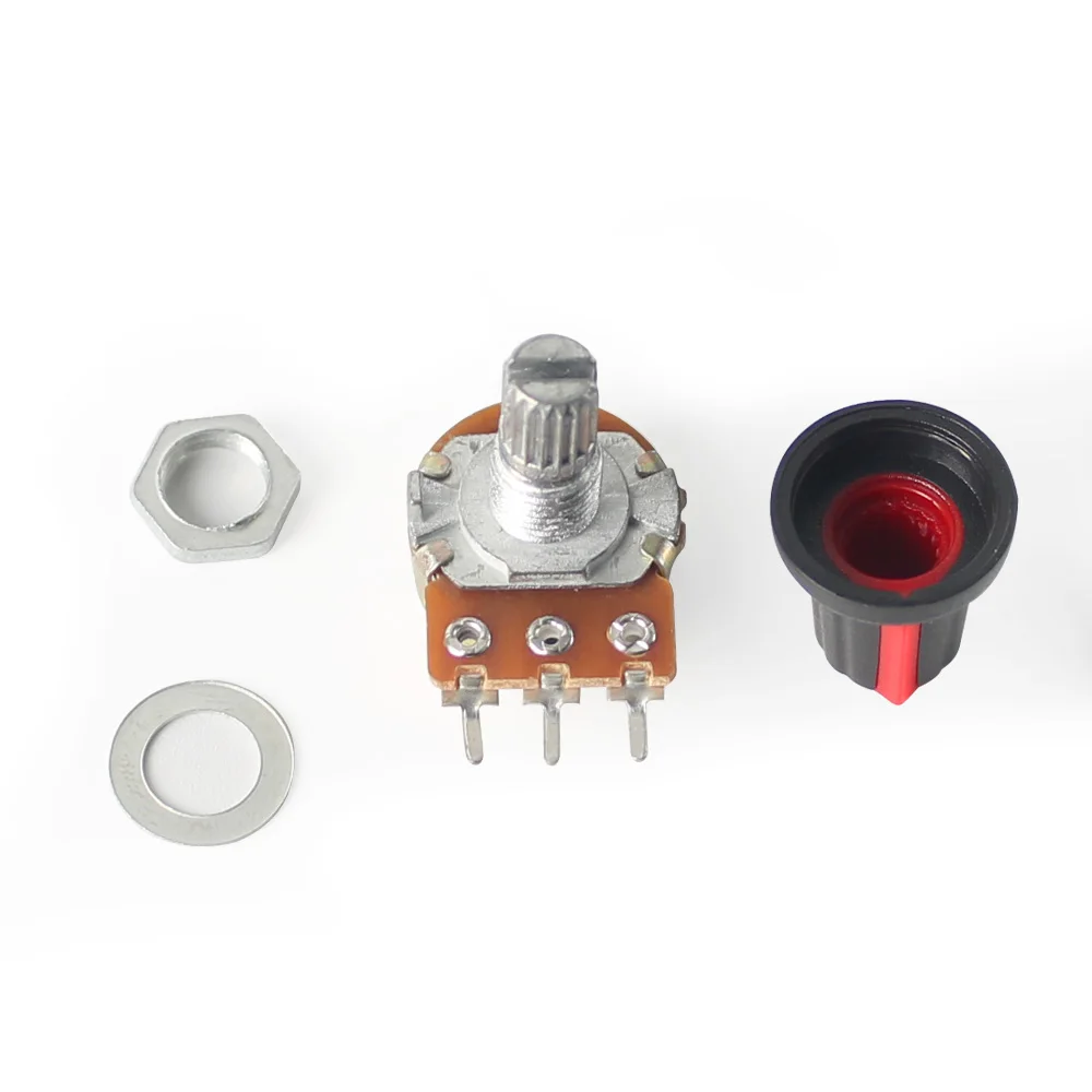 WH148 Linear Rotary Potentiometer B1K B2K B5K B10K B20K B50K B100K B250K B500K B1M 3Pin 15mm Shaft with Red AG2 Knobs 5Set
