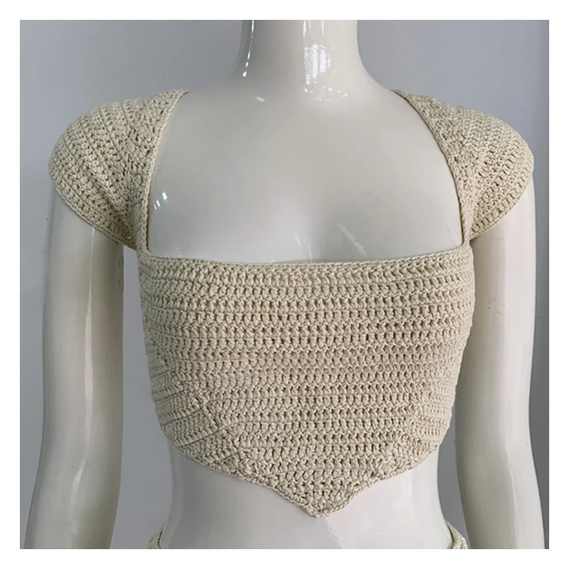 

Women Sexy T-shirts Streewear Handmade Crochet Crop Top Knitted Fashion Tie Short Sleeves Rope Back Corset