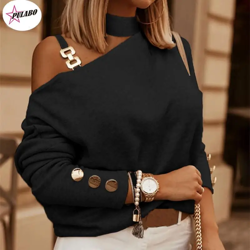 

PULABO Slanted Shoulder Chain Decorative Pullover T-Shirt Women Autumn y2k Fashion Casual Long-Sleeved Black Apricot Blouse Tide