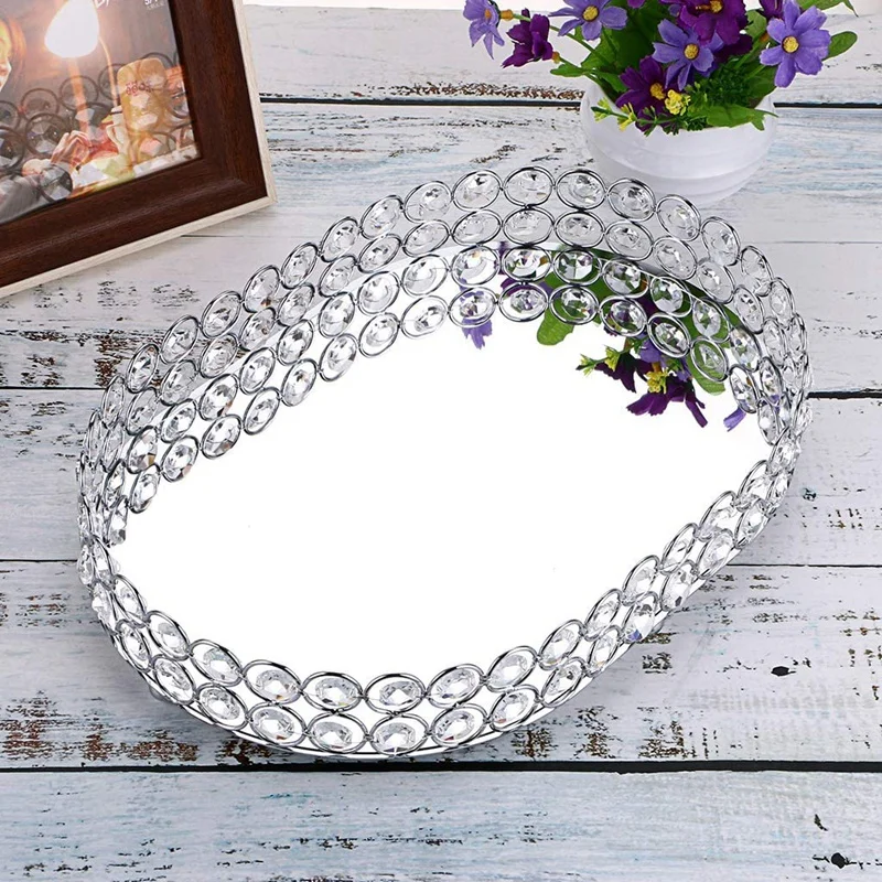 ABWR-Mirrored Crystal Vanity Makeup Tray, Jewelry Trinket Storage Tray Cosmetic Perfume Display Tray (Silver,Ellipse) 2