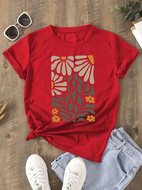Daisies Print T-shirt Short Sleeve Crew Neck Casual Top for Summer & Spring T-shirt Fashion Casual Summer Top 2024 New Harajuku 2