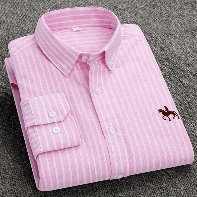 100% Cotton Oxford Shirt Men's Long Sleeve Embroidered Horse Casual Without Pocket Solid Yellow Dress Shirt Men Plus Size 5XL6XL Pink Stipe