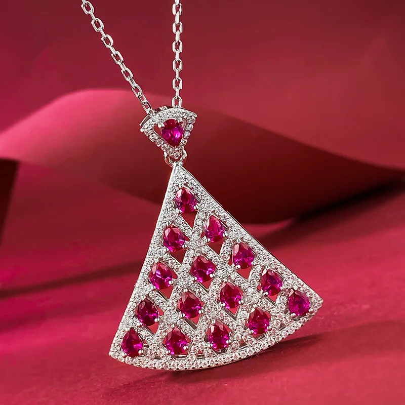 2023 New S925 Silver Necklace Dove Blood Red Fan shaped Necklace Pendant Designed by Female Minority in Fashion
