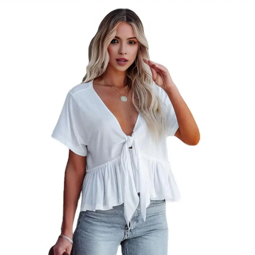 

Blusas Summer Tops V-Neck Short Sleeve Solid Color Casual T-shirt Knot Design Ruffle Hem Loose Fit Tee Shirts & Blouses Tops