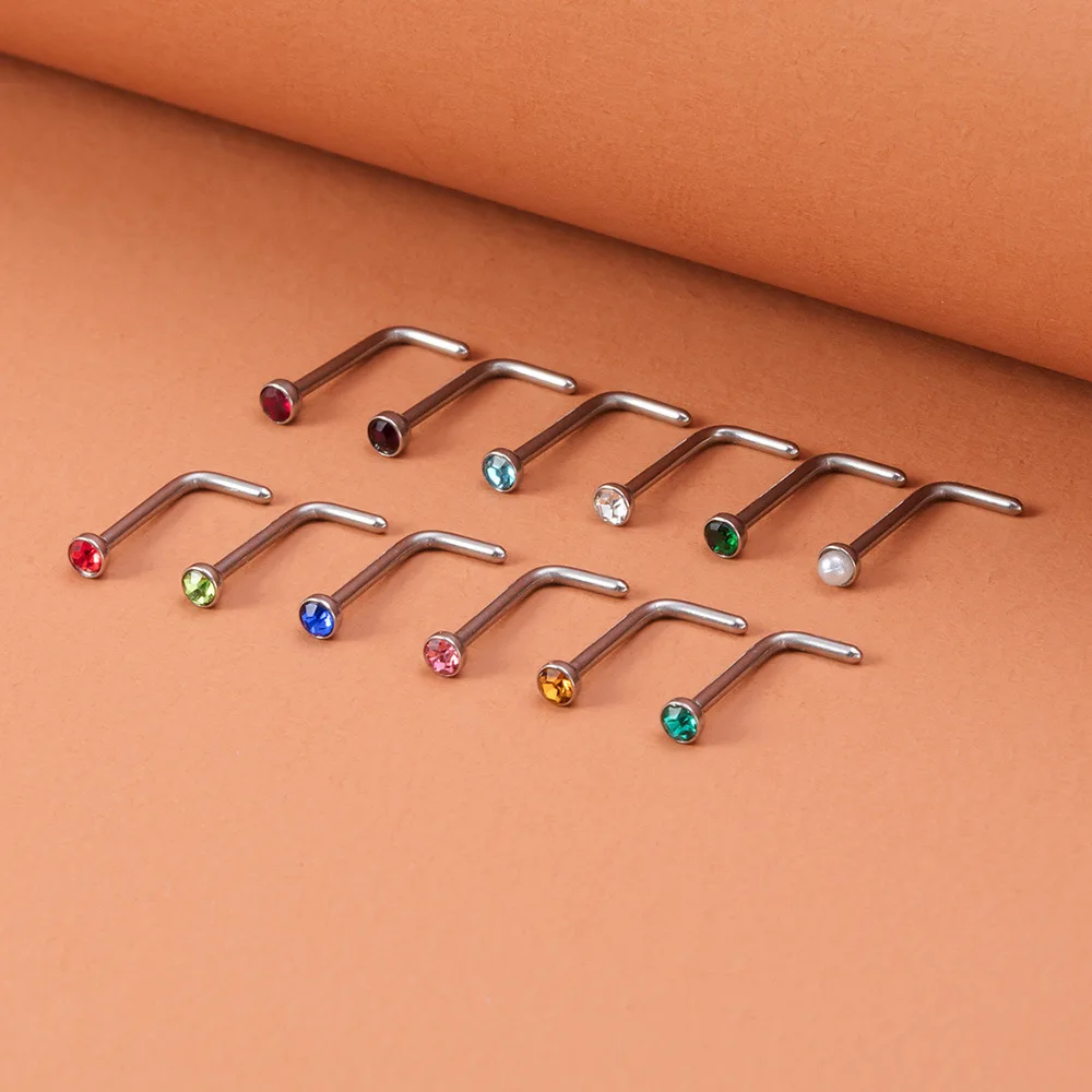 

New 12 color L rod nose stud geometric stainless steel color diamond piercing piercing piercing adornment