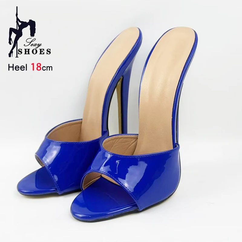 2025 Sexy Deep Blue Summer High Heels Europe and America Ultra high heel Slippers 18CM Stiletto Women Fetish Shoes Slide Sandals