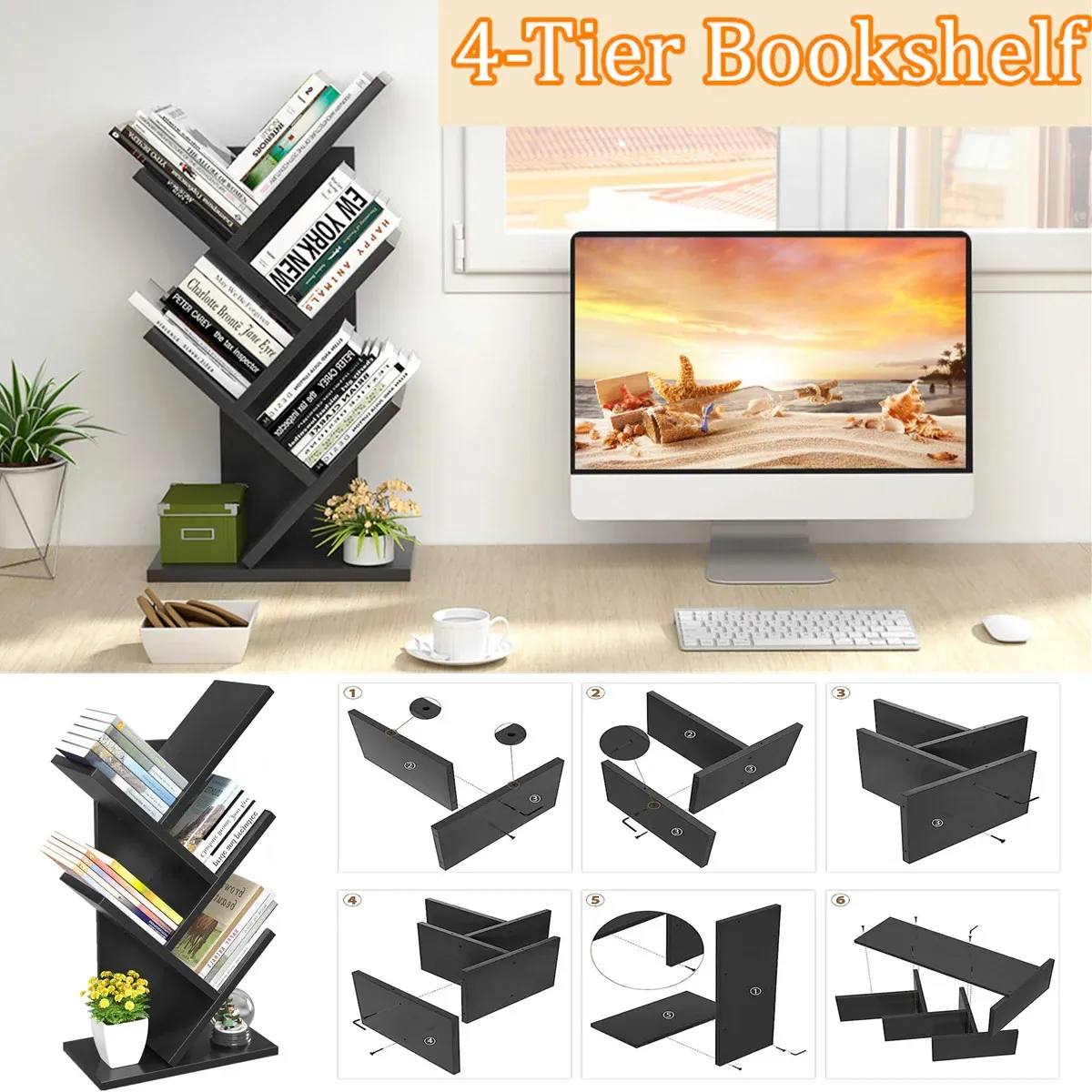 4-Tier Tree Bookshelf Book Storage Organizer Shelves Floor Standing Bookcase for Cd/Magazine/Books