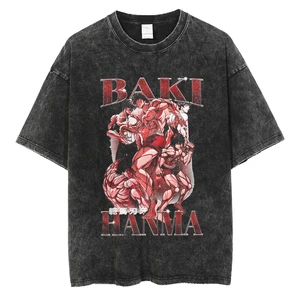 Футболки с аниме Baki Haman, Винтажная футболка в стиле Харадзюку из 100% хлопка, новинка 2023, потертая футболка для мужчин, футболка в стиле хип-хоп