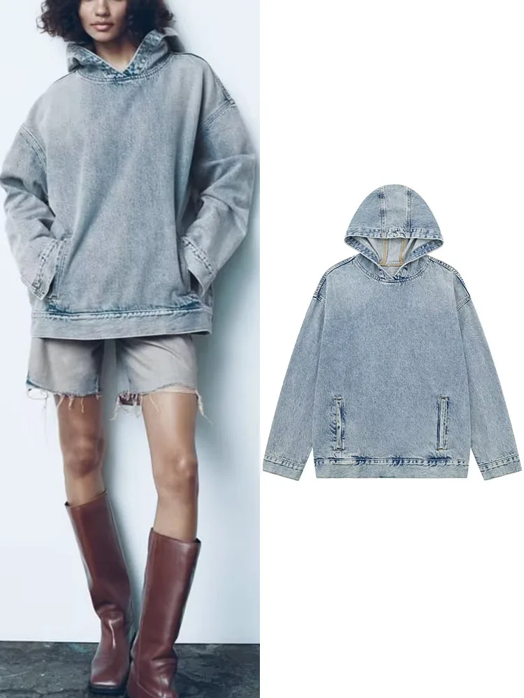 

TRAF Denim Oversize Women's Hoodies Casual Blue Color Lady Long Sleeve Sweater Shirt Chic 2023 Denim Pullover Streetwear