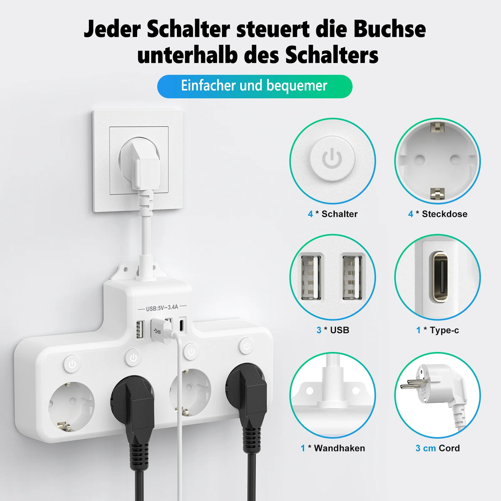EU Plug Power Strip Multiple Socket with Individual switch 4 AC Outlets 4 USB Wall Socket Surge Protector
