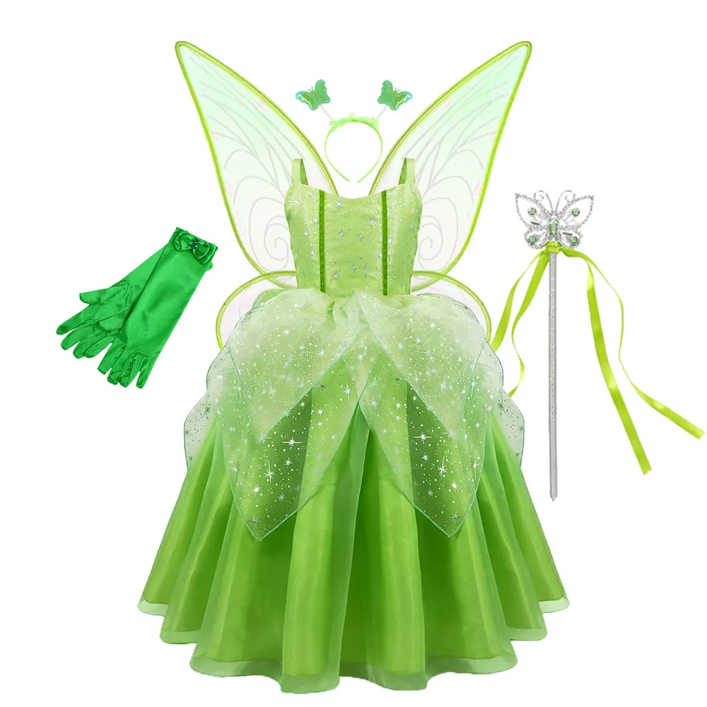 Halloween Cosplay Girls Party Ispirato Tinker Bell Green Fairy Tinkerbell Princess Dress Costumi Con Set Di Ali