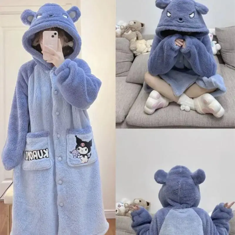 

Kawaii Sanrio Anime Hobby Kuromi Winter Cartoon Coral Velvet Pajamas Girls Plus Velvet Pajamas and Pajamas Two-Piece Set