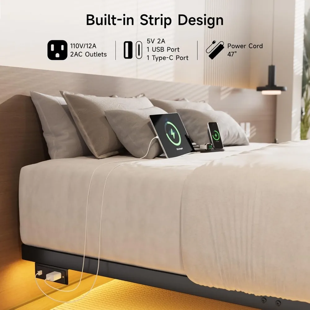 Full Size Floating Bed Frame with USB Charging Station and Smart LED Lights, Heavy Duty Mectal Platform Bed Frame 5