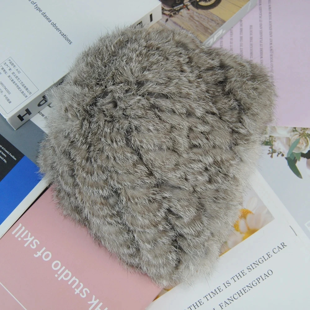 Russian Women Good Elastic Real Rabbit Fur Skully Hat Lady Winter Warm Knitted Genuine Rabbit Fur Hats Outdoor Fluffy Fur Caps 2